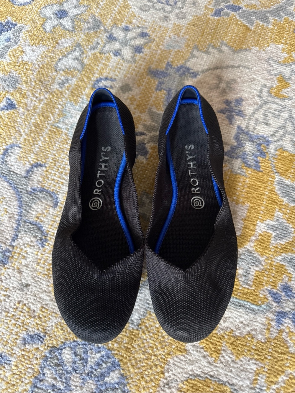 Rothy's Black Flats with Royal Blue Trim - Women's Slip-On Ballet Flats